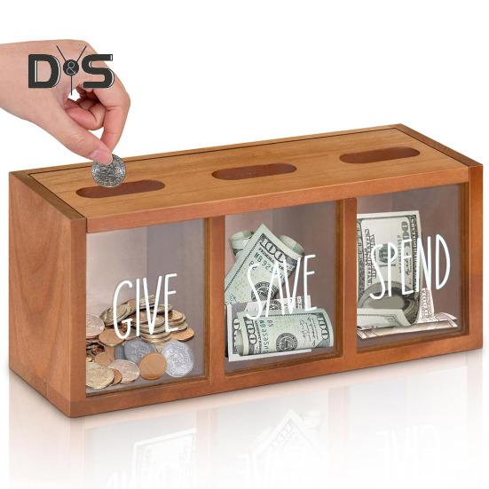 Drewniana Skarbonka Świnka 3-Przegrodowa Skrzynka Oszczędnościowa Wizualizowane Rachunki Monety Skrzynka Oszczędnościowa dla Dzieci Dorosłych Sypialnia Biuro