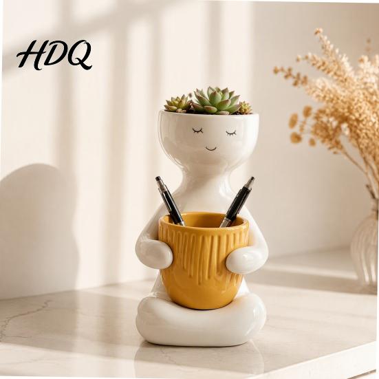 Cute Zen Home Decor Smiling Face Plant Pot, Double Planting Space Planter, Resin Layered Landscaping Planter Sitting Figure Flowerpot for Succulents,
