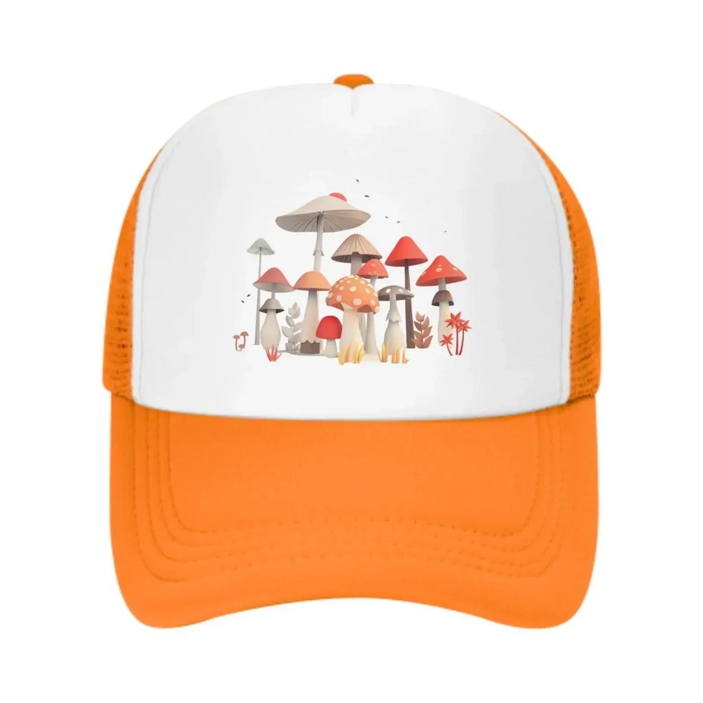 Mushroom Print Mesh Trucker Hat Adjustable Cotton Casual Baseball Cap for Outdoor Travel