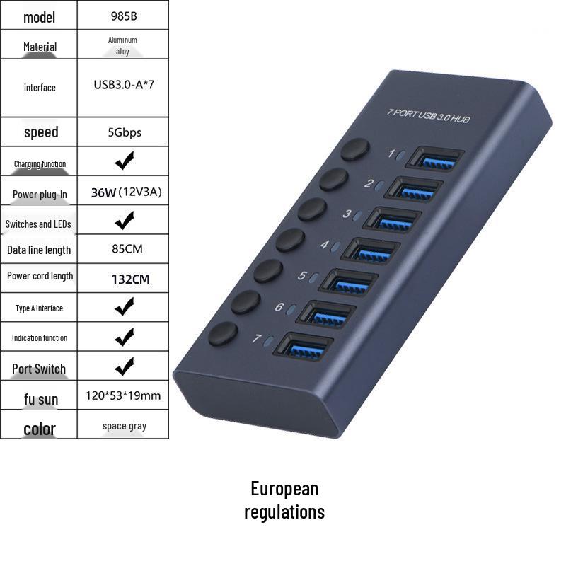 10-Port USB 3.0 Hub with Independent Switches and High Current Expansion Dock