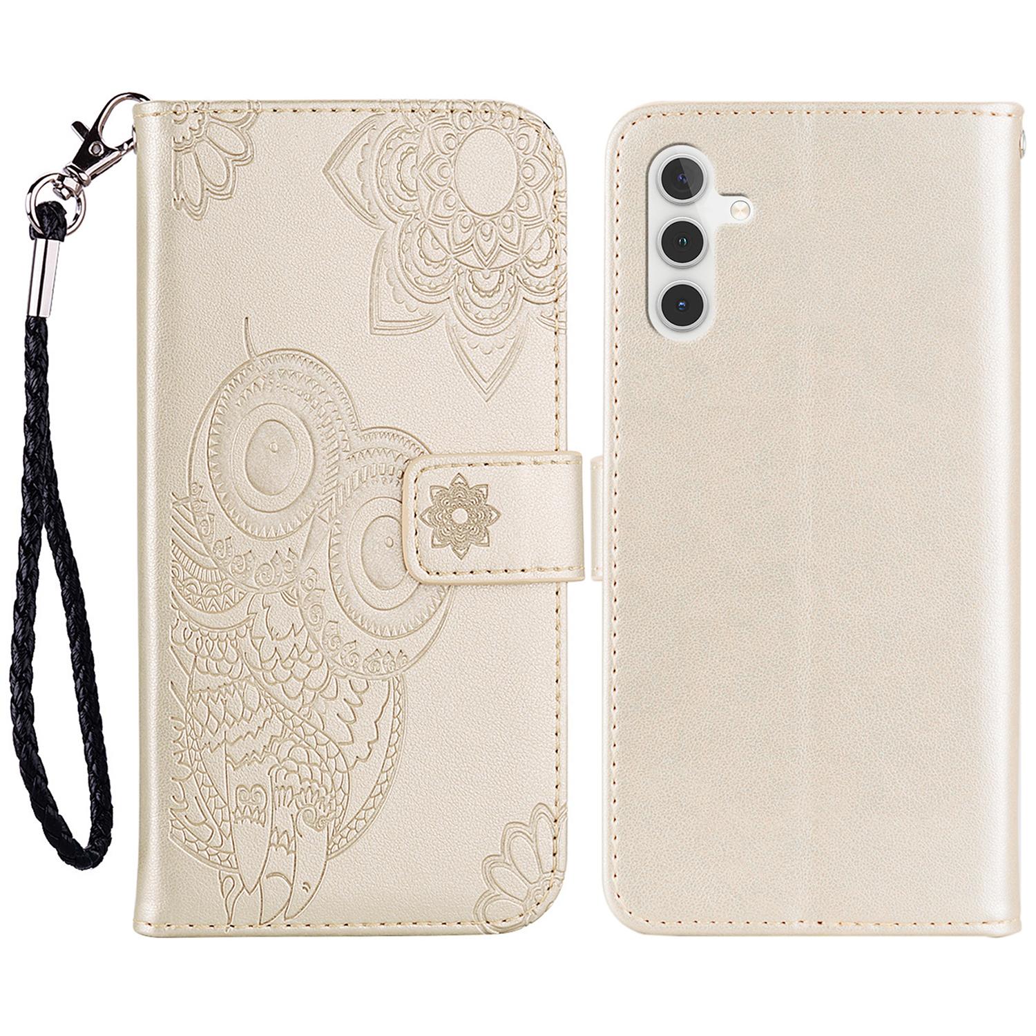 

For Samsung Galaxy A15 4G Case Leather Wallet Owl Flower Imprinted Cell Phone Cover Gold