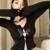 2KWEIRD Gothic Butterfly Print T-shirt Grunge Fairycore Hollow Out Crop Tops Japanese Harajuku Slim Tshirt Y2k Aesthetics Dark
