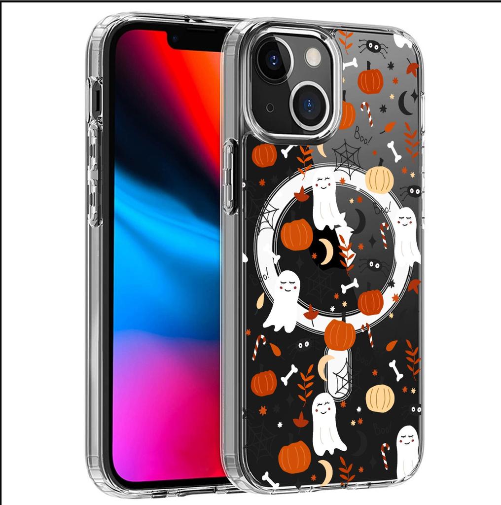 White Skull Magnetic Transparent Full Coverage Case for iPhone 15/16/17 Pro Max.