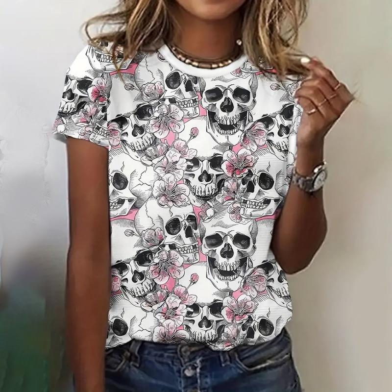 Skelettblumenmuster T-Shirt für Damen Tag der Toten 3D-Druck Kurzarm Sommer Locker T-Shirts Rundhalsausschnitt Oberteile Streetwear Tees