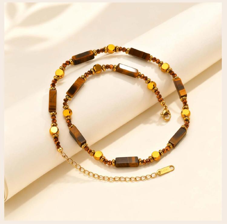 Collier œil de tigre naturel pour femme, Collier ras-de-cou superposé avec pendentif perlé style bohème, Bijou pierre irrégulière