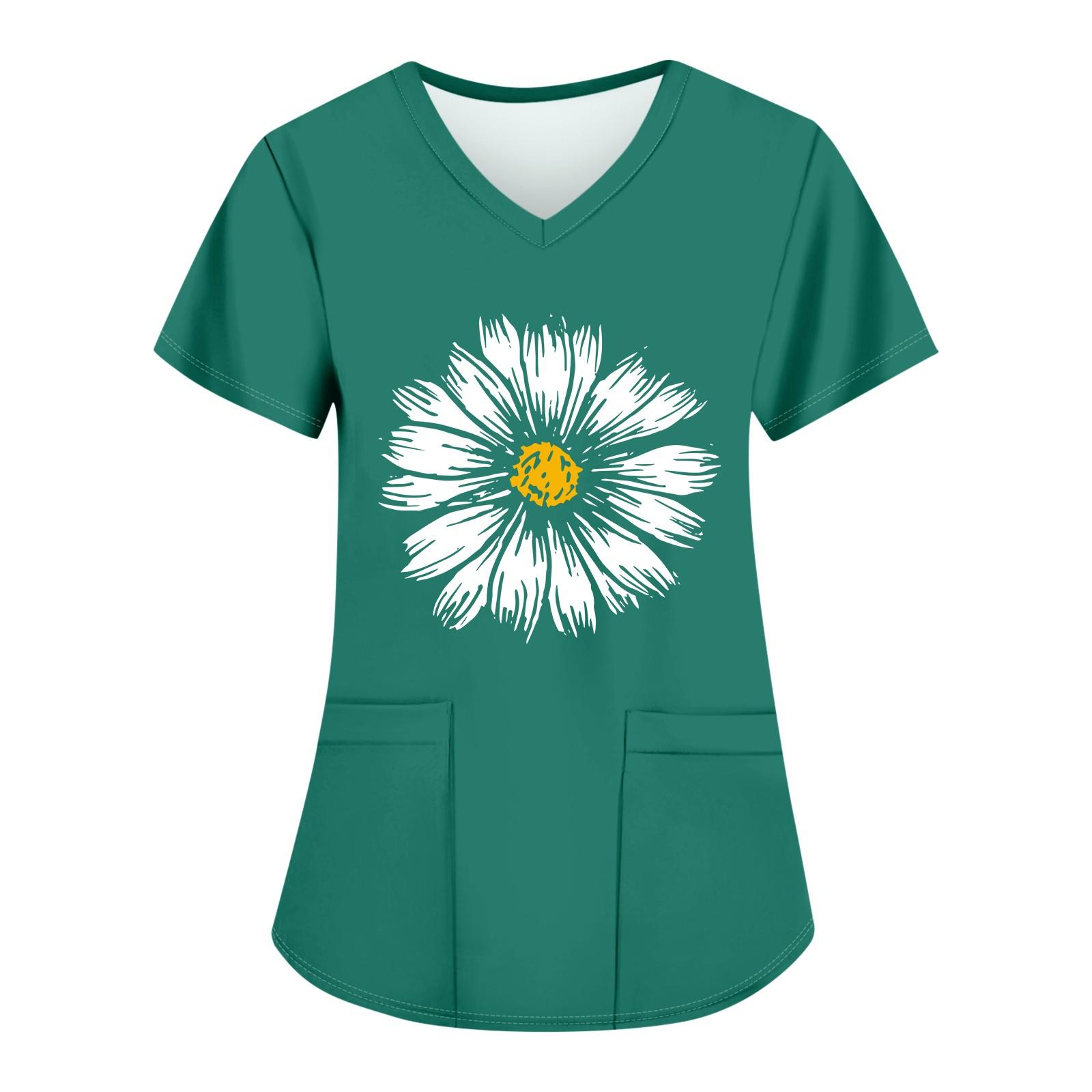 

Женские модные топы с короткими рукавами и V-образным вырезом с принтом, рабочие футболки с карманами XXL зелёный