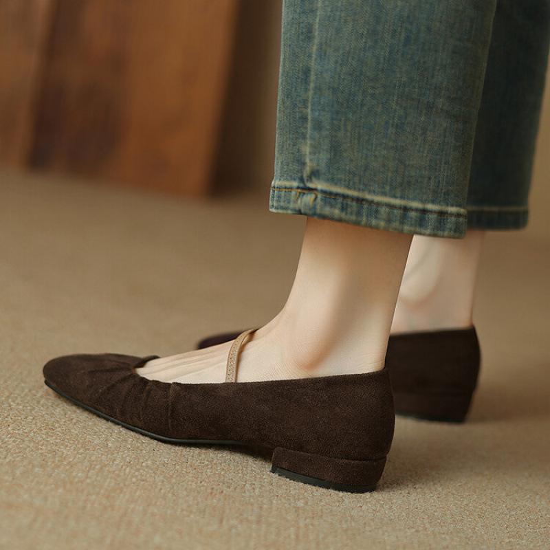 New Four-season Casual Single Shoes Solid Color Suede Size Women's Shoes Round Head Buckle Low Heel Flat Heel Lazy Single Shoes Women