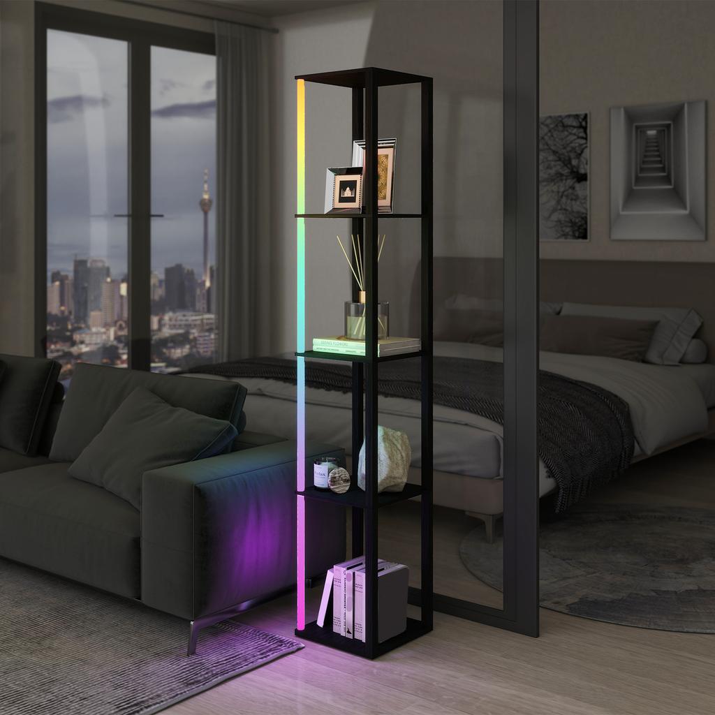 RGB LED Floor Lamp with Shelves, Modern Dimmable Standing Lamp with Remote Control, Adjustable Brightness & Speed for Living Room, Bedroom, Office