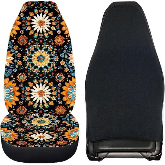 Rnyleeg Vintage Car Seat Cover,Front Seat Cover Boho Style Mandala Floral Print Car Front Saddle Blanket For Front Seats Protector,One Piece Only