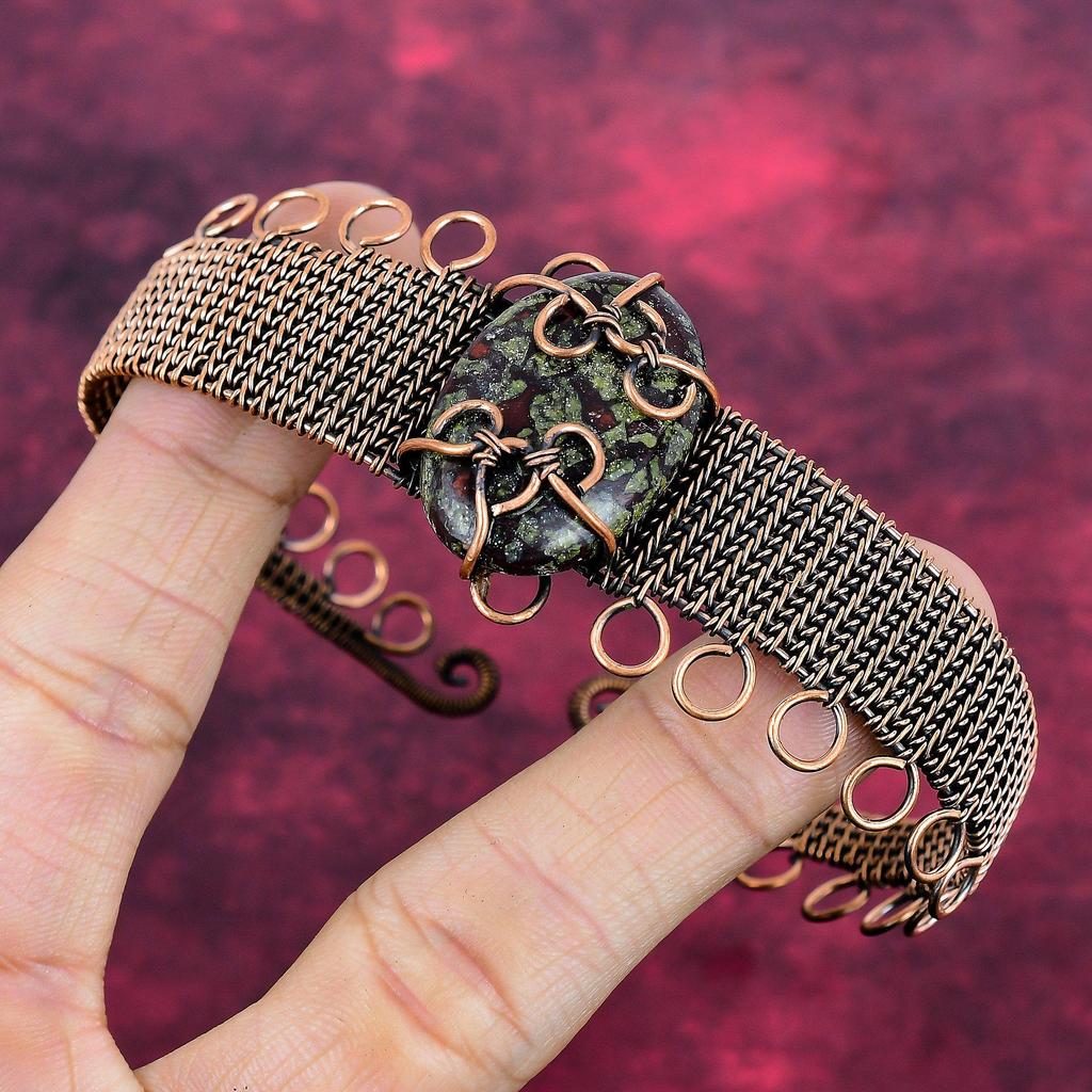 Dragon Bloodstone Gemstone Cuff Bracelet Copper Wire Wrapped Adjustable Bangle