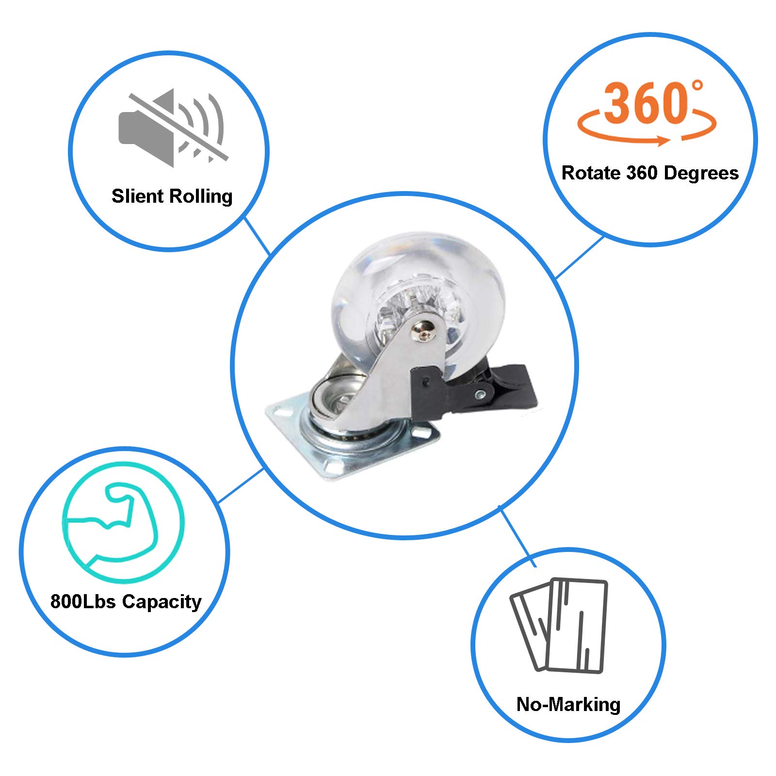 

4Pcs 2-inch Crystal Clear Caster Universal Replacement Furniture Wheels with Brake Type A