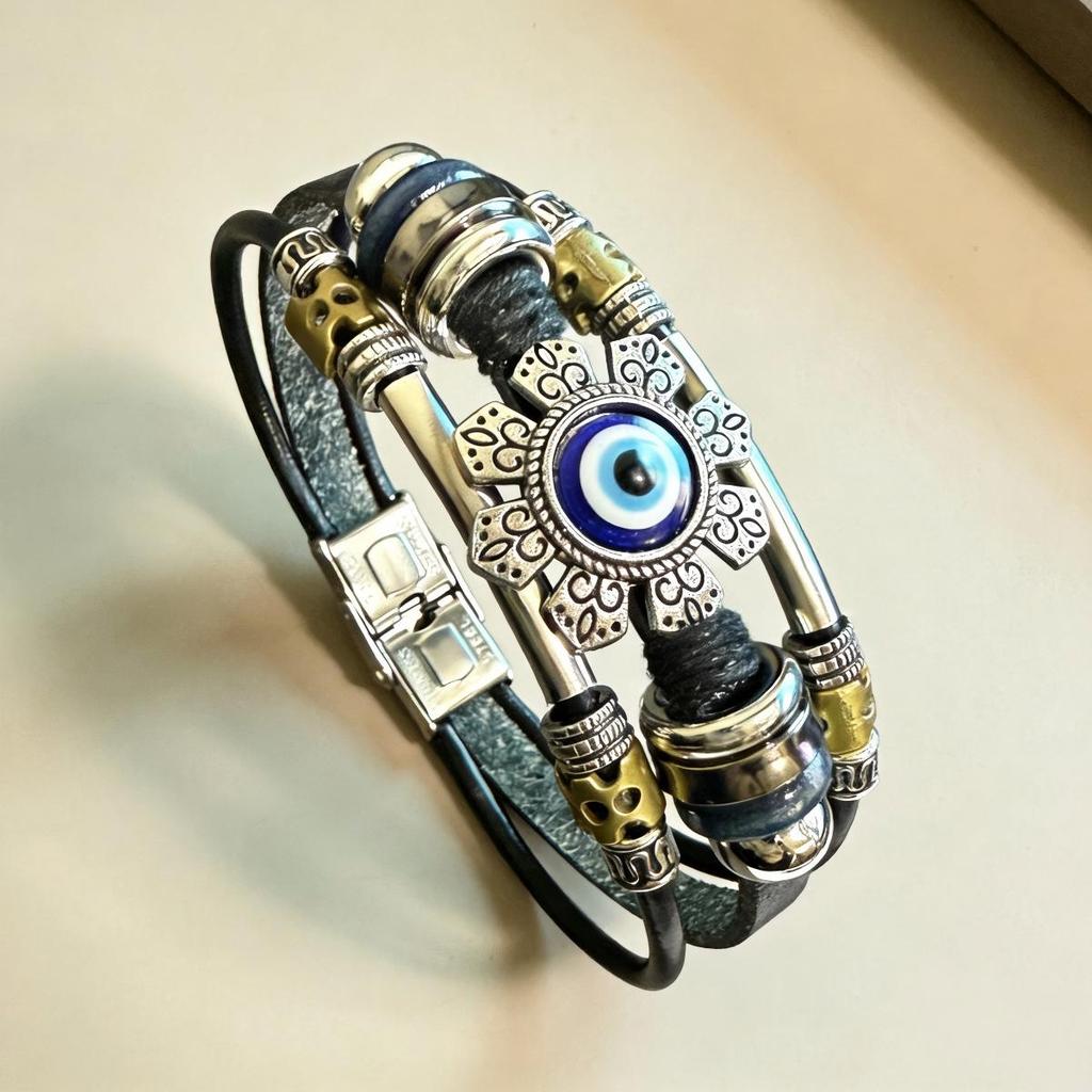 European Retro Blue Evil Eye Beaded Leather Bracelet