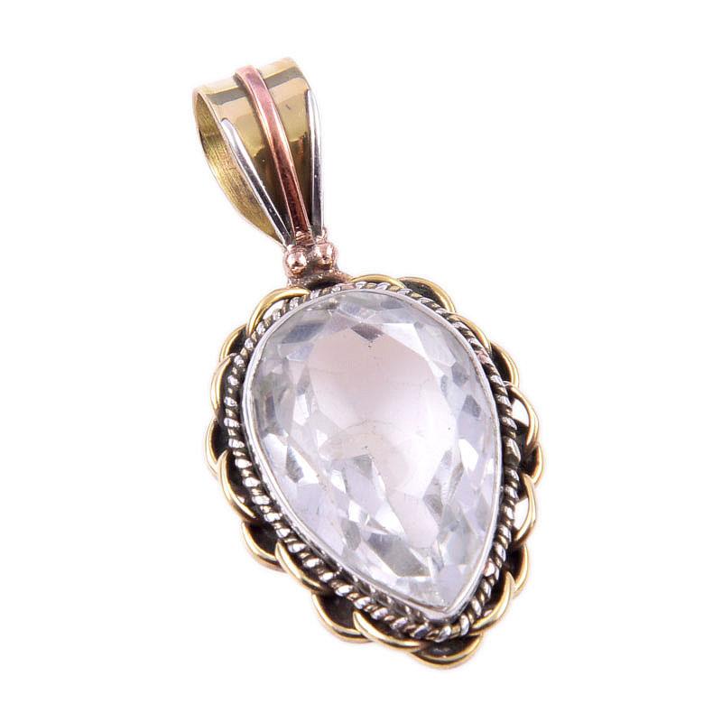 Natural Crystal Quartz Gemstone 925 Solid Silver Two Tone Pendant 1.50'' D8f91