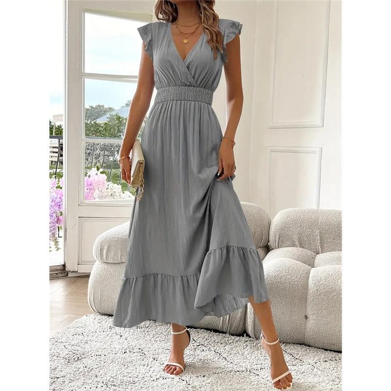 European And American Ladies Summer Long Skirt New Tight Waist Solid Color Ruffled Short-sleeved V-neck Flying Sleeve Dress