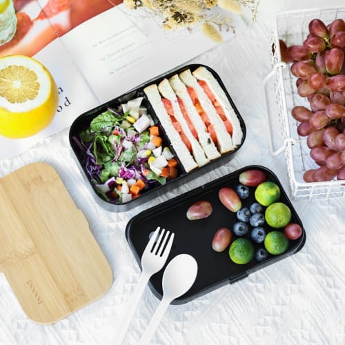 Premium Bento Box for Men, 1000ml Capacity, Large Capacity, Salad, Black Bamboo, Airtight Valve, Adjustable Dividers, Dishwasher and Microwave Safe, S