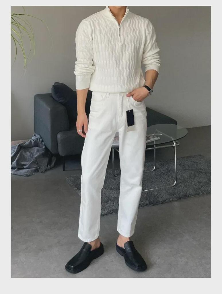 Men's High-End White Half-Turtleneck Zipper Knit Pullover Sweater, Fashionable and Versatile Long-Sleeved Jacket