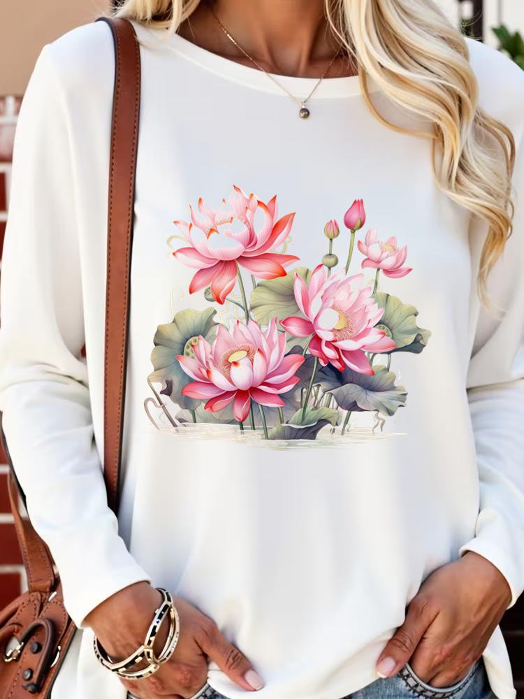 (Asian Size) sweet flower lovely Long Sleeve T Shirt Tee Lady Printed o-neck Women Female Clothing Casual Fashion Top Graphic T-shirts
