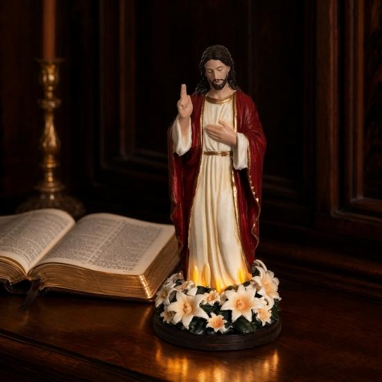 Jesus Statue with LED Lighted Flowers USB Powered Jesus Figurine Blessed Religious Sculpture