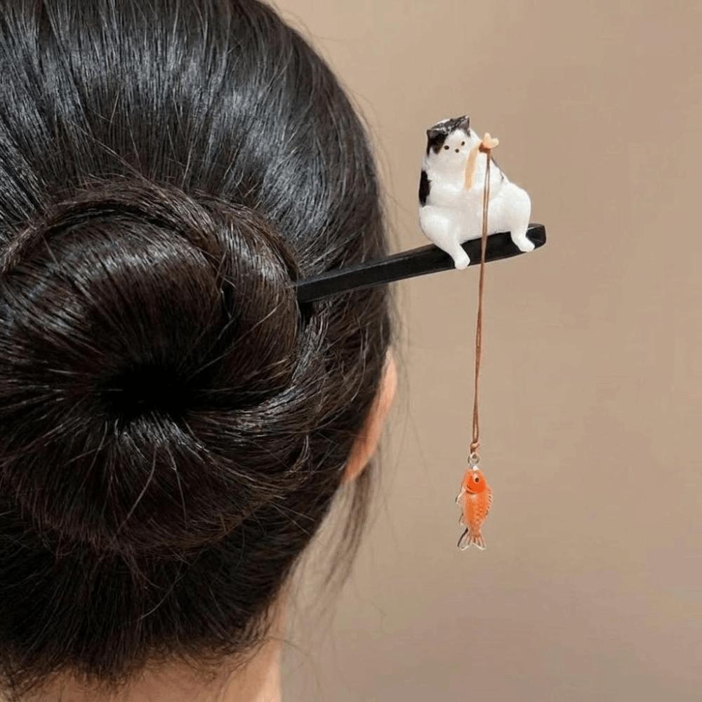 Chinese Style Cat Fishing Hair Stick Tassel Hanfu Hairpin Retro Wooden Hair Stick Girl
