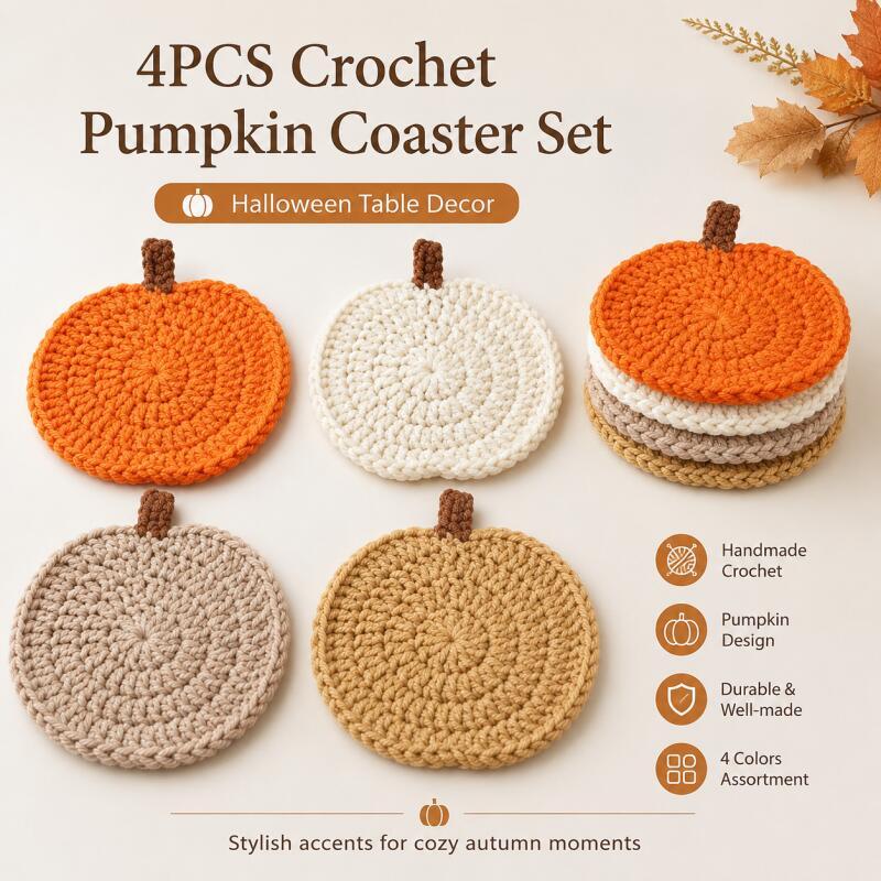 4PCS Crochet Pumpkin Coasters Halloween Fall Table Decor Knit Cup Mats for Coffee Mugs Cup Holders 5