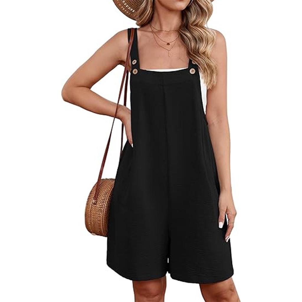Women's Color Buckle Jumpsuit Shorts With Pockets And Suspenders