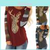 Soft Womens Christmas T-shirt Blouse With Chic Long Sleeves And Reindeer Motif