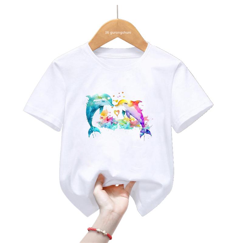 Watercolor Dolphin Love Printed Tshirt Girls/Boys Harajuku Kawaii Kids Clothes Summer Fashion Short Sleeve T-Shirt