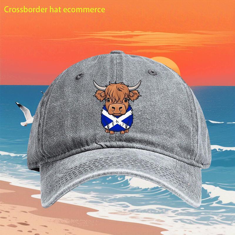 Highland Cow Scottish Flag Print Washed Baseball Cap Retro Adjustable Casual Dad Hat for Men Women