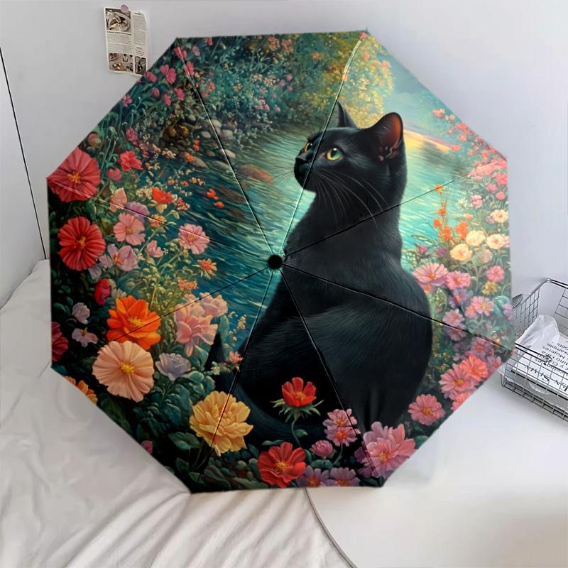0106 Floral Black Cat  pattern, automatic folding umbrella, portable and foldable design, 8 ribs, a Christmas or birthday gift.