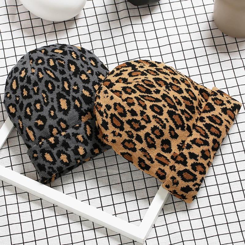 New Unisex Leopard Jacquard Beanies Trendy Autumn Winter Thicken Warm Hat Hip Hop Vintage Knit Hats for Women Men