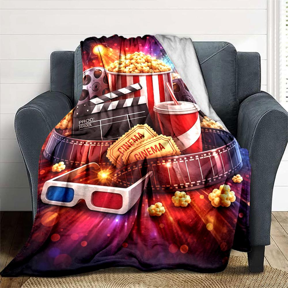 Movie Night Popcorn Film Reel Ticket Print Flannel Blanket Soft Warm Throw Blanket Cinema Home Decor for Sofa Bedroom Travel
