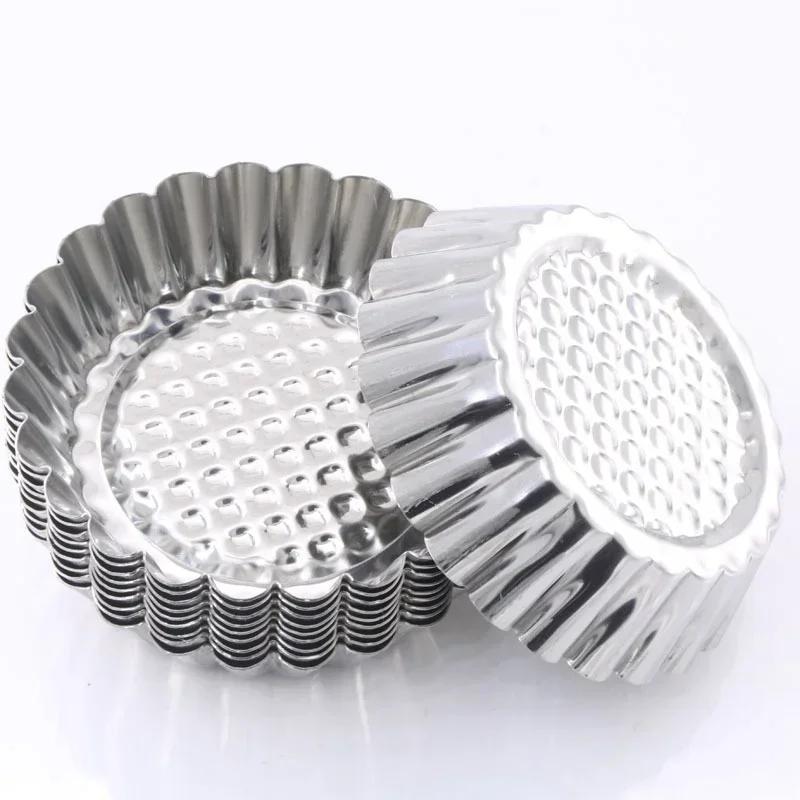 10 Pcs Nonstick Reusable Baking Mold for Cupcake, Egg Tart, Cookie, Pudding and Cake, Silver Stainless Steel Pastry Tools