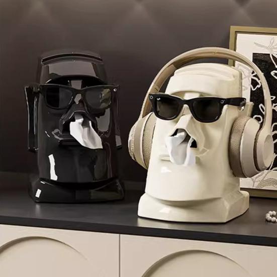 Tissue Box with Built-in Spring Automatic Paper Lift Large Capacity Tissue Holder Stone Statue Design Home Desktop Organizer