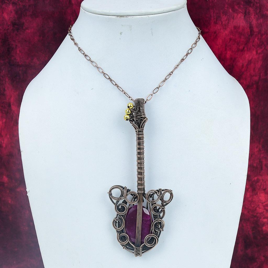 Faceted Kashmir Ruby Gemstone Pendant Copper Wire Wrapped Guitar Design Pendant