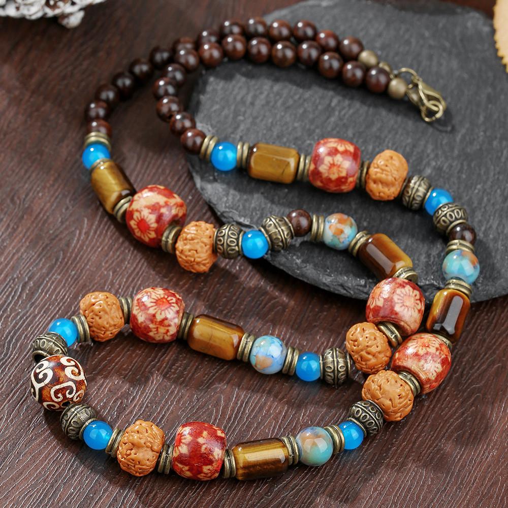 Vintage Tiger Eye Beaded Necklace For Men Geometric Style Ethnic Fashion Accessory