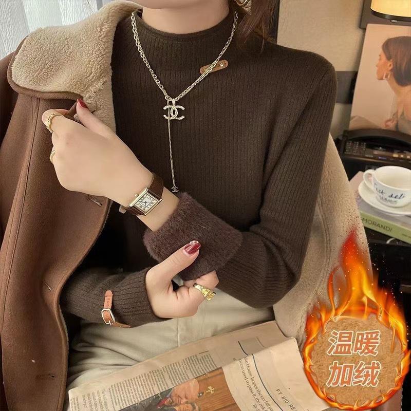 Autumn and Winter Sweater Solid Color Winter Base Knitted Sweater Women's Plush Knitted Velvet Inner High Collar