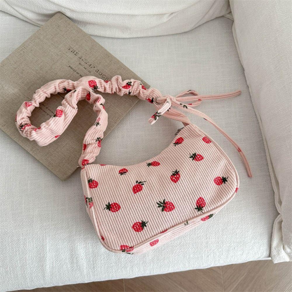 Large Capacity Strawberry Printing Shoulder Bag Korean Style Handbag Corduroy Tote Bag  Girls