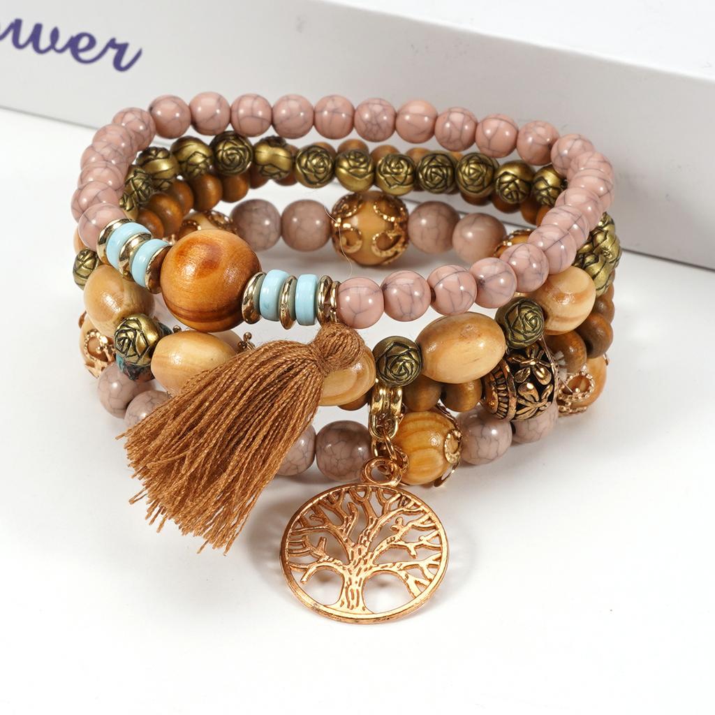 Wooden Bead Chain Combination Bracelet Alloy Rose Handmade Elegant Trendy Fashion HY-2774