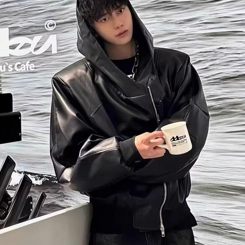 Autumn and winter niche deconstruction zipper hooded PU leather jacket loose scimitar sleeve design sense coat men