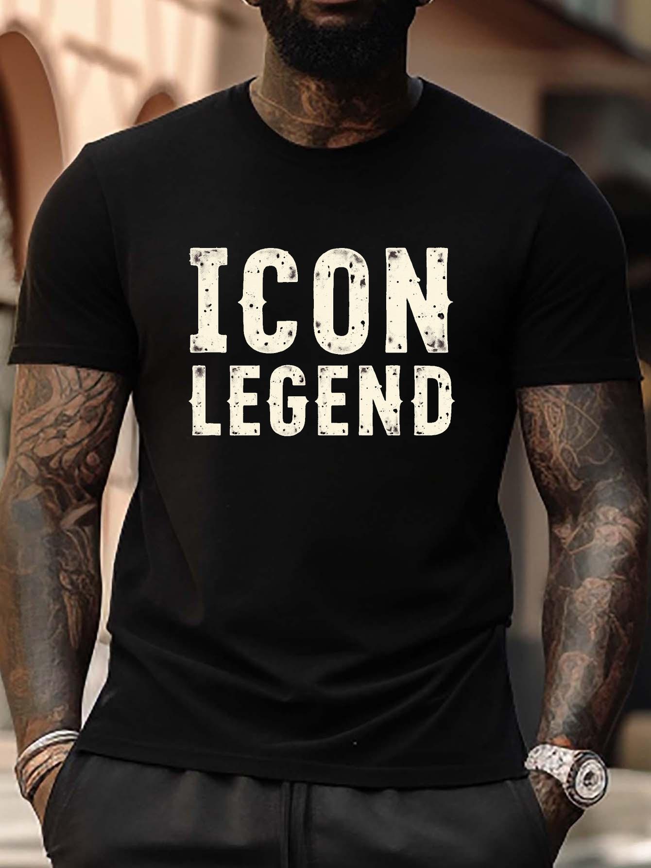Plus Size  Icon Legend  Distressed Typography T-shirt - Black Casual Short Sleeve Tee with Bold White Lettering XXXL