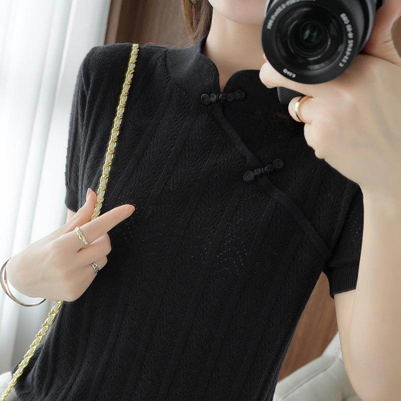 Soft New Chinese Hollow Stand Collar Pure Cotton Base Shirt for Women Short-sleeved Summer New Style Knitted T-shirt Top