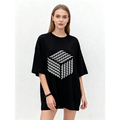 Oversized T-Shirt Black Geometric Pattern Print Casual Wear for Women