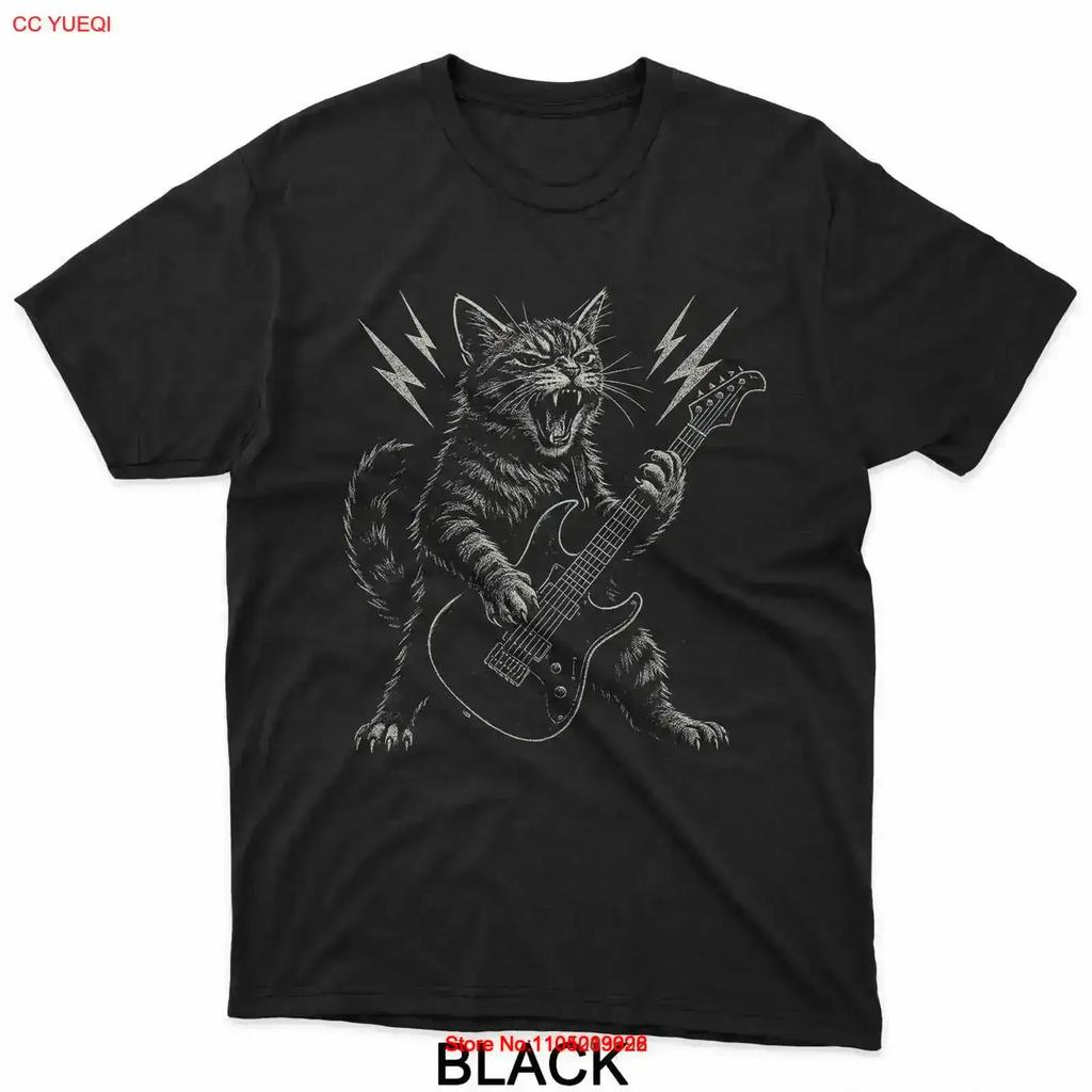 Funny Cat Playing Guitar Rock and Roll Heavy Metal T Shirt vintage Washed Stylish streetwear Top For Everyday Wear Soft fashion