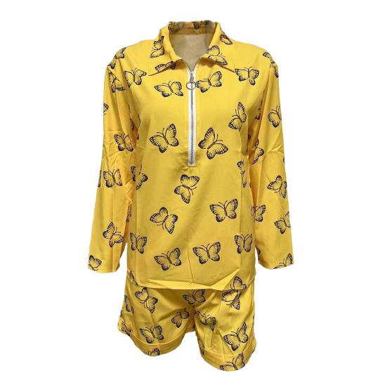 2 Pcs/Set Shirt Shorts Suit Zipper Lapel Loose Printed Long Sleeve Casual Soft Pockets High Waist Lady Top Shorts Set