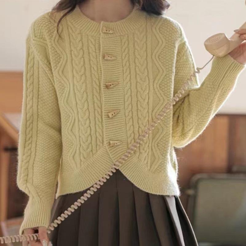 

Винтажный маленький парфюмированный стиль коровий рог пуговицы витой универсальный вязаный кардиган свитер женский нежный ветер нишевая куртка топы one size жёлтый