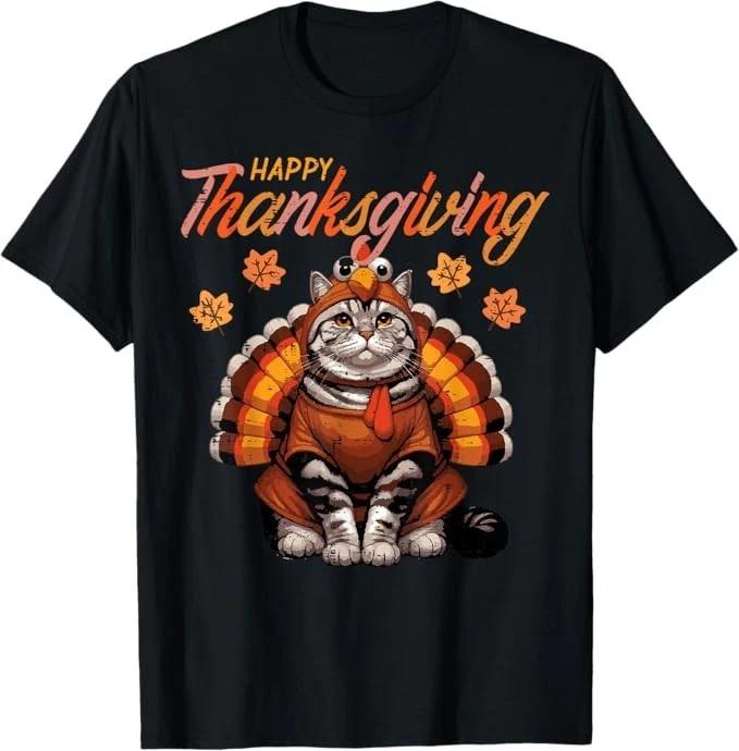 Happy Thanksgiving Cat Turkey Day Fall  Girls Kids  T-Shirt 150