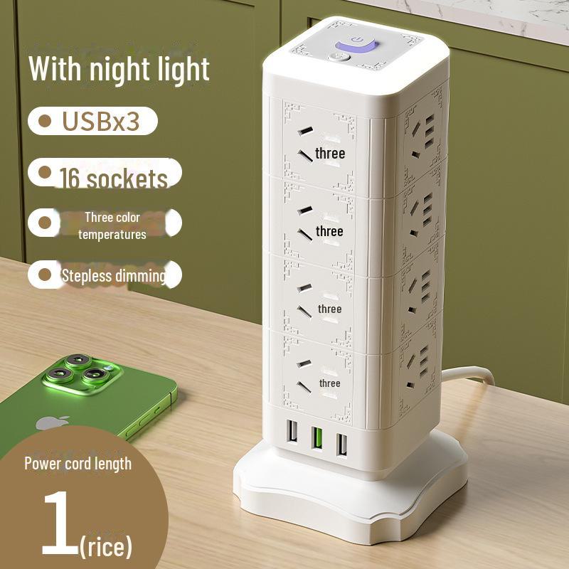 Multi-function Tower Power Strip with USB, Overload Protection, and Night Light