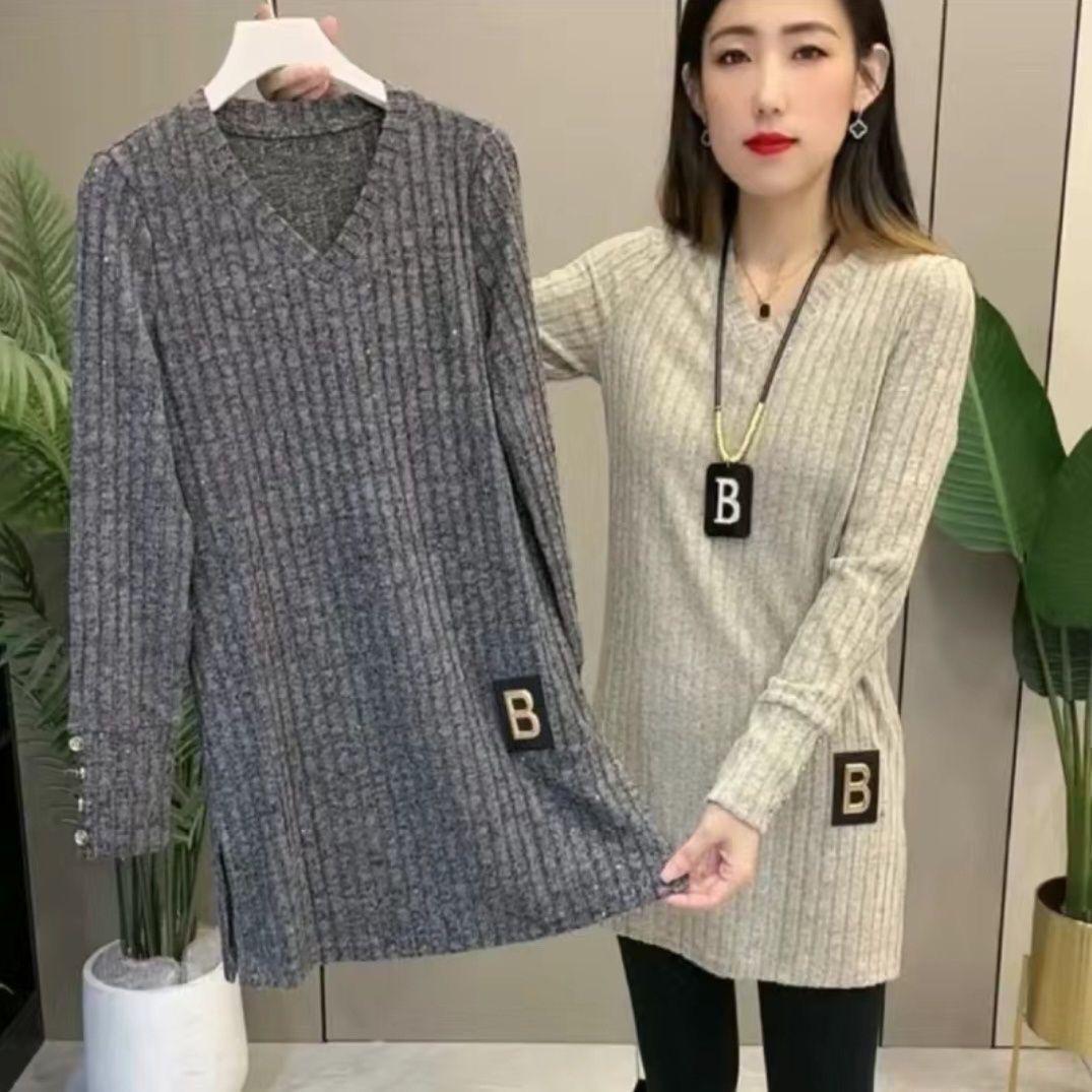 Plus Size V-Neck Long-Sleeve Mid-Length Women s Autumn/Winter Casual Slimming Top 2XL (Recommended 141-160 jin)