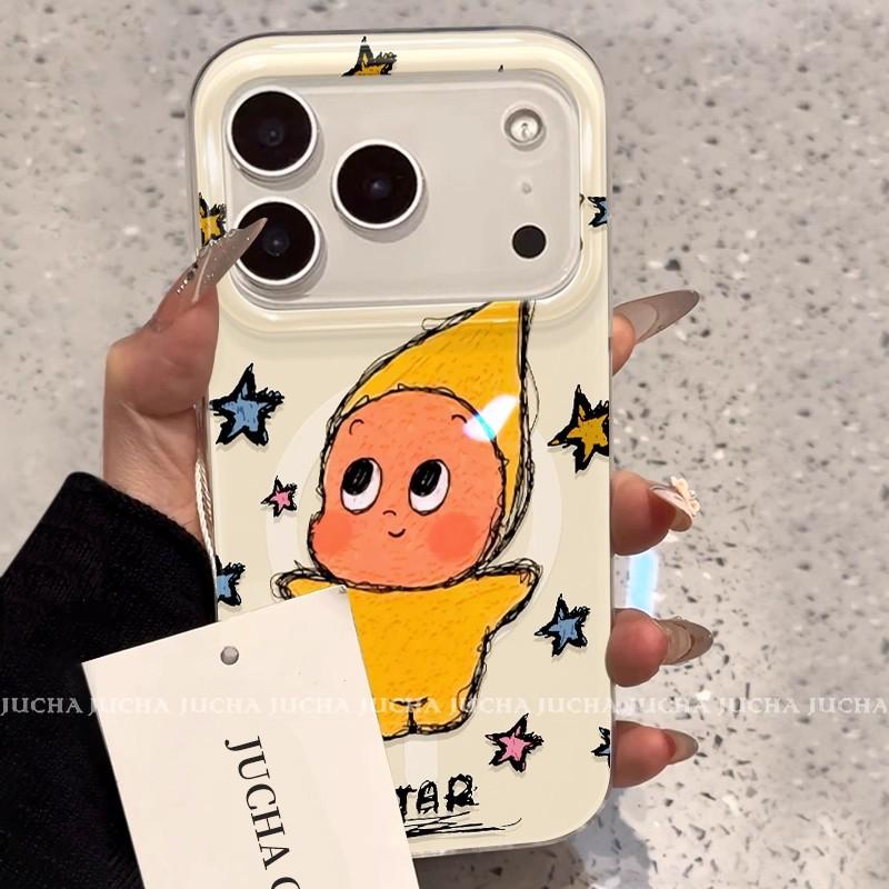 Cute Cartoon Elf Clear Phone Case with Magnetic Holder, Shockproof Cover for iPhone 16/15/14 Pro Max