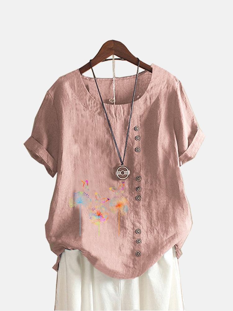 Women Fashion Round Collar Top Floral Print T-shirt Casual Short Sleeve Top Ladies Loose Blouse